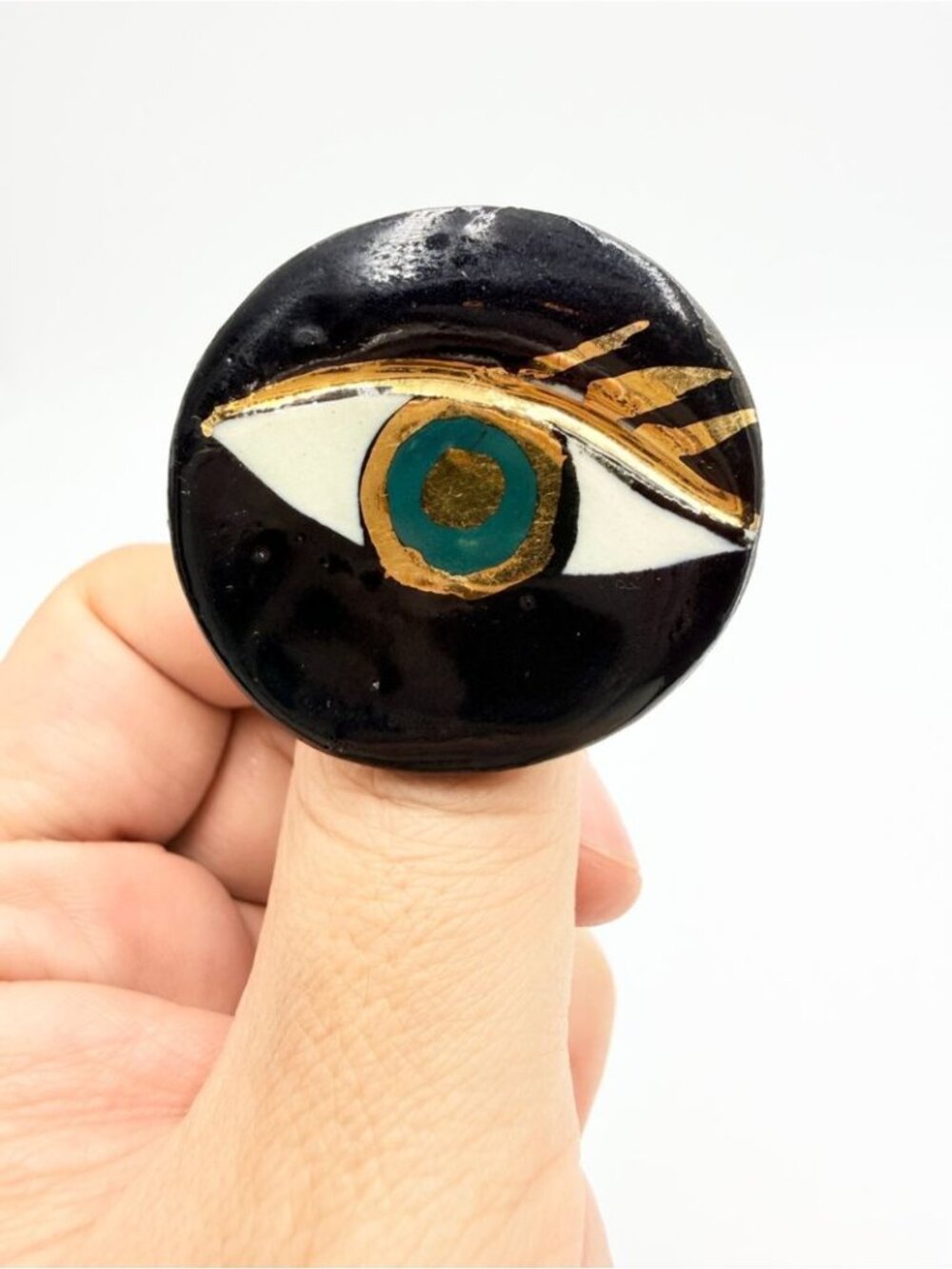 Handcrafted Evil Eye Adjustable Statement Ring Black & Gold Art Ring